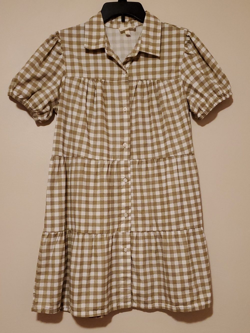 Derek Heart Tan and White Gingham Button-Down Tiered Babydoll Mini Dress